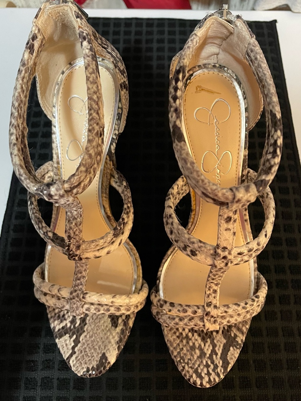 Jessica Simpson Snake-Print Strappy Heels in Beige and Brown